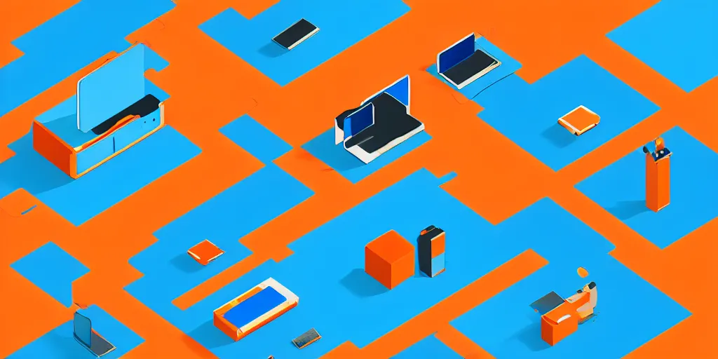 Image similar to Many computers interconnected, isometric view from above. Minimalistic design, contemporary design, infographics. Logo. Blue, cyan and orange palette. Vivid, 8K, Epic, Masterpiece