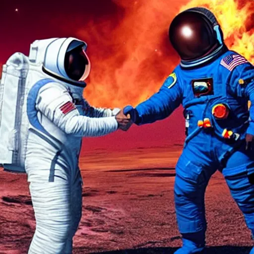 Image similar to an astronaut that’s on fire shaking hands with a space alien, realistic