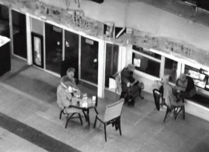 Prompt: a cctv camera view of a old man driking coffe