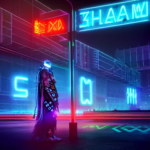 Image similar to shaman cyberpunk, shaman totems, shaman symbols, shaman architecture, neon billboards, neon lights, photorealistic, vfx, elegant, ultra sharp lines, 4 k, unreal engine 5, octane render, extreme contrast