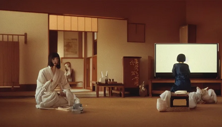 Image similar to movie still by alejandro jodorowsky of a beautiful day in a family living room in kyoto japan, visible magic energy, a portal pulling a family into the tv, cinestill 8 0 0 t eastmancolor technicolor, high quality, very detailed, heavy grain, fine facial features, 8 k, octane render