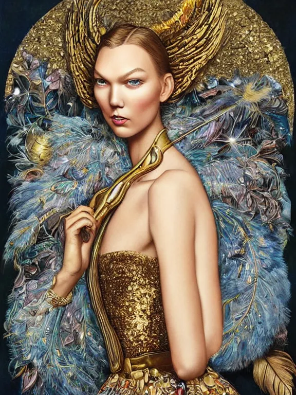 Image similar to an golden age portrait of Karlie Kloss,embellished sequined,feather-adorned,by tom bagshaw,Cedric Peyravernay,Peter Mohrbacher,William Holman Hunt,William Morris,Catherine Nolin,metropolis,Gucci,Dior,trending on pinterest，maximalist,glittering,feminine