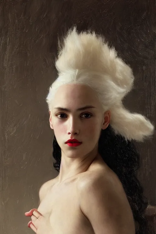Prompt: portrait of a warrior, mulatto, very beautiful face, pleasant facial features, red lips, long snow - white hair, black closed velvet dress, leather armor, iron armor, white boots, clothes alexander mcqueen very beautiful style, photorealism, bouguereau, edgard maxence