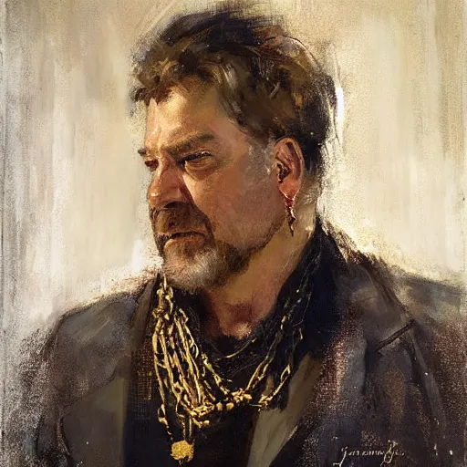 Image similar to portrait of a cyberpunk john goodman with earring and gold necklace, by jeremy mann, anders zorn.