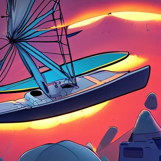 Prompt: futuristic sailboat mid-journey with solar sails and a robot! captain! and crew in a Marvel!!!!!!!! comic! style , digital art, 8k, birds eye view