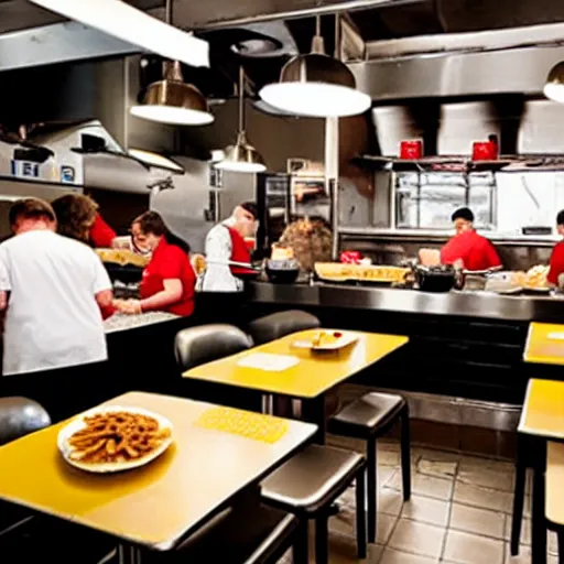 Image similar to busy wafflehouse interior with customers eating breakfast and wafflehouse employees serving food and cooking behind countertop