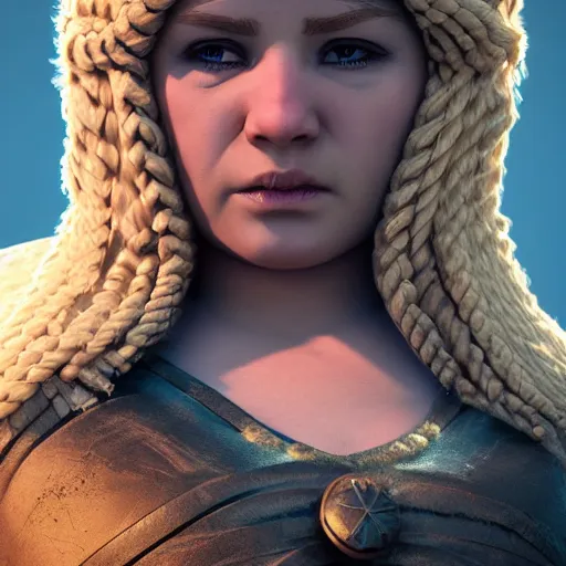 Image similar to a handsome corpulent viking girl with blond hair, clash royal style characters, unreal engine 5, octane render, detailed, cinematografic, cinema 4 d