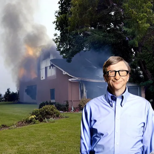 Prompt: a photo of a house burning down in the background with emergency vehicles nearby and bill gates with an eerie smile in the foreground, strong depth of field