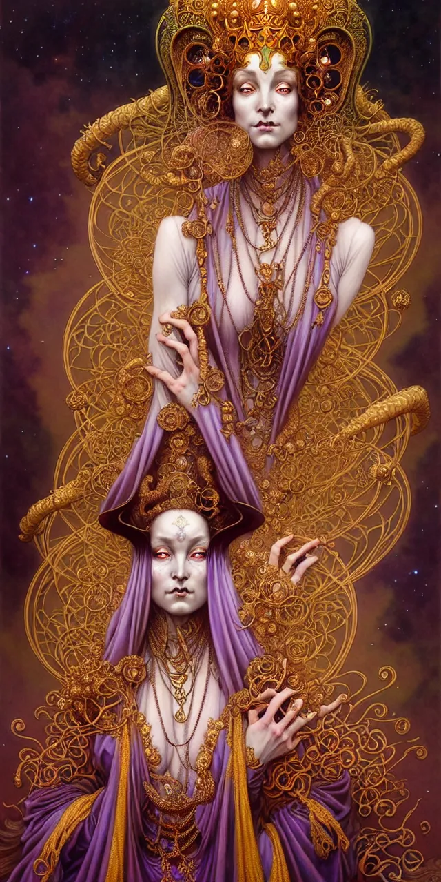 Image similar to beautiful ardhnarishwar art nouveau inter - dimensional empress tsarina character portrait, ultra realistic, intricate detailed costume designed by eiko ishioka, highly detailed by peter mohrbacher, hajime sorayama, wayne barlowe, boris vallejo, aaron horkey, gaston bussiere, craig mullins alphonse mucha