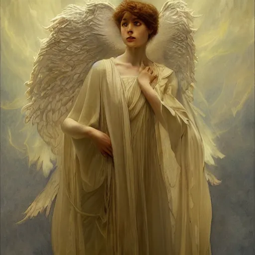 Image similar to epic masterpiece full body portrait a ghost haunting a beautiful angel, by Edgar Maxence and Ross Tran and Michael Whelan