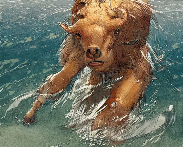 Prompt: a minotaur walking in shallow water, digital art, illustrated by james gurney and victo ngai