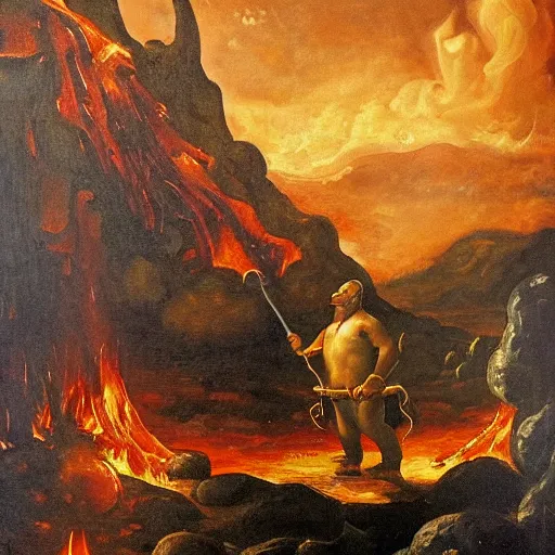 Prompt: baroque oil painting of shrek standing in hell, overcast, evil, lava and fire