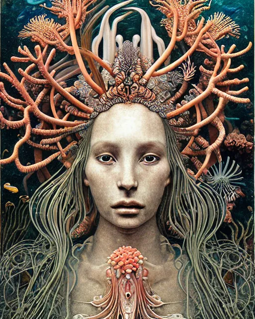 Prompt: realistic detailed underwater portrait of the beutiful young goddess of the fish of the three times with an intricate headdress of corals, sea kelp, sea plants, fish, jellyfish, art by ernst haeckel, zdzisław beksinski, h. r. giger, hieronymus bosch, gothic, neo - gothic, ornamental,