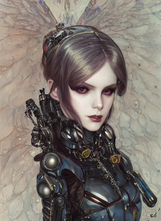 Prompt: portrait of beautiful young gothic maiden, cyberpunk, Warhammer, highly detailed, artstation, illustration, art by Gustav Klimt and Range Murata