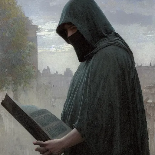 Prompt: half portait of magican wearing a closed cowl with big old book!, jeremy mann, jean leon gerome, alphonse mucha, greg rutkowski, hood covers his eyes, ( ( ruins of ancient rome ) ), at dusk, mysterious atmosphere, sunrays, dof, masterpiece, high detailed, 8 k