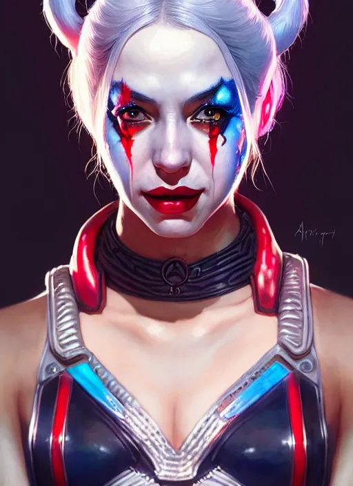 Image similar to portrait of apex legends harley quinn, intricate, elegant, glowing lights, highly detailed, digital painting, artstation, glamor pose, concept art, smooth, sharp focus, illustration, art by artgerm and greg rutkowski, artey freytag