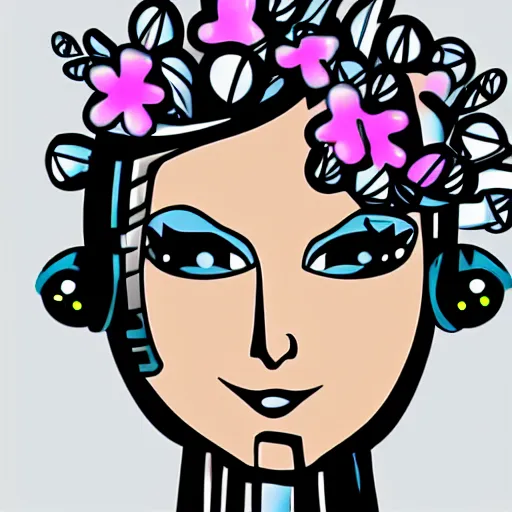 Image similar to female futuristic cartoon robot face with flower antennas