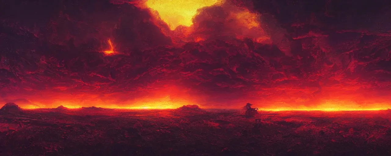 Image similar to ” burning landscape at night, [ cosmic, cinematic, detailed, epic, widescreen, opening, establishing, mattepainting, photorealistic, realistic textures, octane render, art by slop and paul lehr ] ”