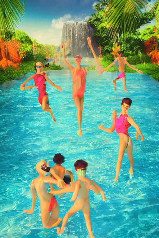 Image similar to summer swimming party, dark fantasy, Hawaii, symmetry, octane render