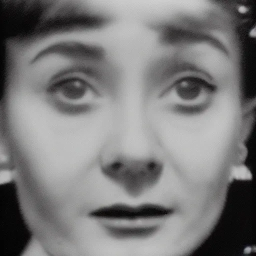 Image similar to photo of young Audrey Hepburn by Diane Arbus, extreme closeup, black and white, high contrast, Rolleiflex, 55mm f/4 lens