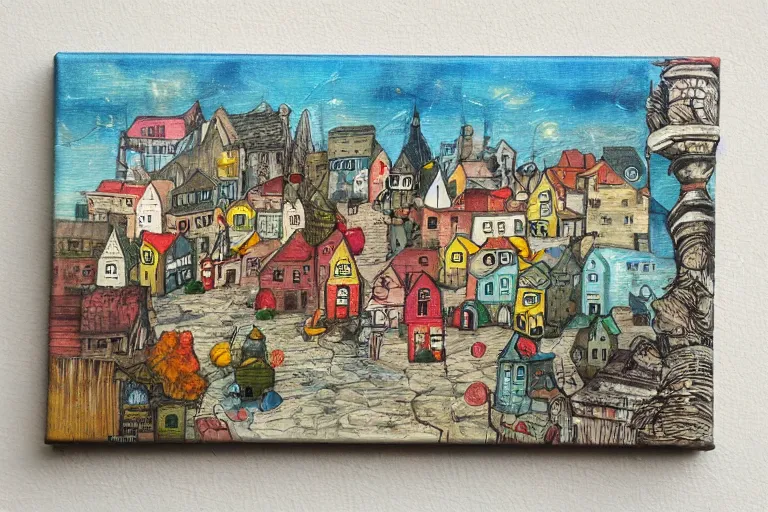 Image similar to a small fantasy town, mixed media on canvas, 2 d, whimsical,