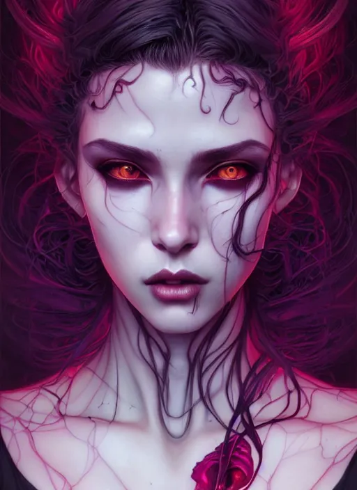 Image similar to perfect vampire girl portrait, intricate artwork by josan gonzalez, artgerm, tom bagshaw, kilian eng, alphonse mucha, zdizslaw beksinski, very coherent artwork, psychedelic, syntwave, noir gothic cyberpunk, octane render, unreal engine, 8 k, high contrast