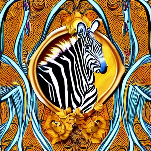 Prompt: powerful laughing happy zebra in the style of art nouveau. lively. colorful. hd.