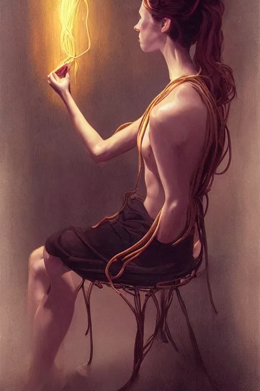 Image similar to a beautiful woman tied to a chair using spaghetti, a woman wrapped in spaghetti, painting by Charlie Bowater and Gerald Brom