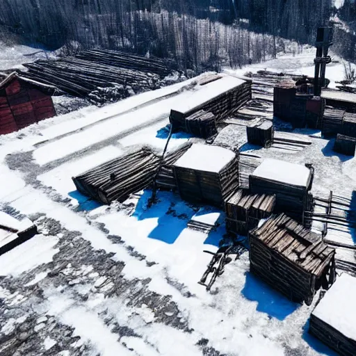 Image similar to top down drone footage of post pocaliptic frostpunk landscape, old abandoned lumber mill, crates with wood and supply, beautiful icy area