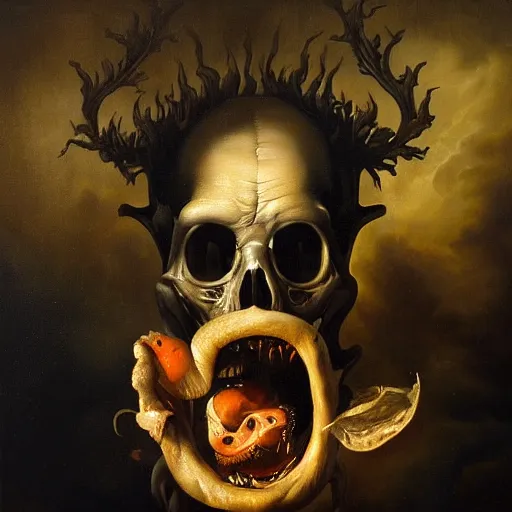 Image similar to refined gorgeous blended oil painting with black background by christian rex van minnen rachel ruysch dali todd schorr of a chiaroscuro portrait of an extremely bizarre disturbing mutated man with shiny skin acne dutch golden age vanitas intense chiaroscuro cast shadows obscuring features dramatic lighting perfect composition masterpiece