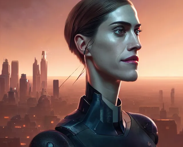 Image similar to highly detailed portrait of allison williams as an android, in detroit : become human, stephen bliss, unreal engine, fantasy art by greg rutkowski, loish, rhads, ferdinand knab, makoto shinkai and lois van baarle, ilya kuvshinov, rossdraws, tom bagshaw, global illumination, radiant light, detailed and intricate environment