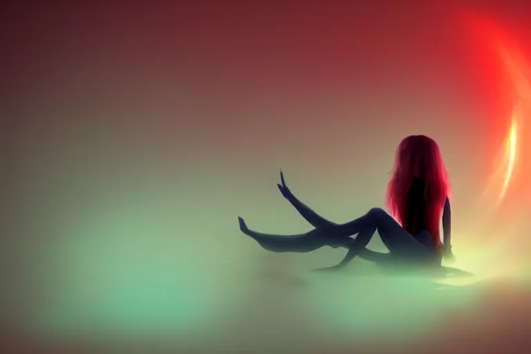 Image similar to a cute alien girl sitting on a cloud relaxing, misty, glows, digital art, hazy, foggy, red lighting, ambient lighting, 8 k,