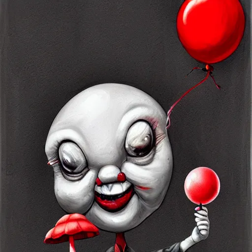 Image similar to surrealism grunge cartoon portrait sketch of a mushroom with a wide smile and a red balloon by - michael karcz, loony toons style, pennywise style, horror theme, detailed, elegant, intricate