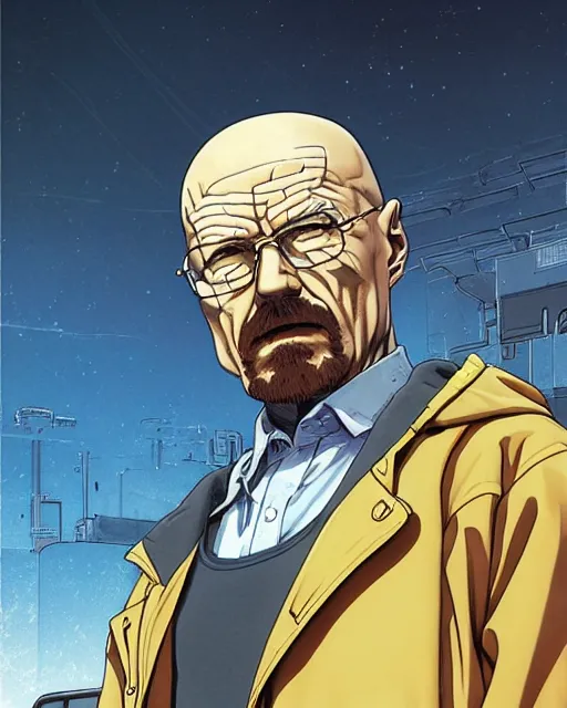 Image similar to portrait of walter white as a robot, cybernetic enhancements, art by makoto shinkai and alan bean, yukito kishiro