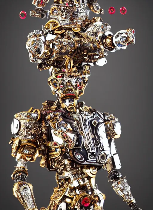 Image similar to baroque and cyberpunk style full-body sculpture of a young seductive Hispanic prince half android with a chest exposing a glowing ruby battery with porcelain arms posed like a model, glowing gold laser eyes, crown of white gears and sparkling diamonds, swirling white-colored silk fabric, robot dinosaurs. modern elements. reflective surfaces. intricate artwork by caravaggio. art by Artgerm and Alphonse Mucha, Trending on artstation, cinematic industrial lighting, photorealistic, octane render, 8k, depth of field, 3D