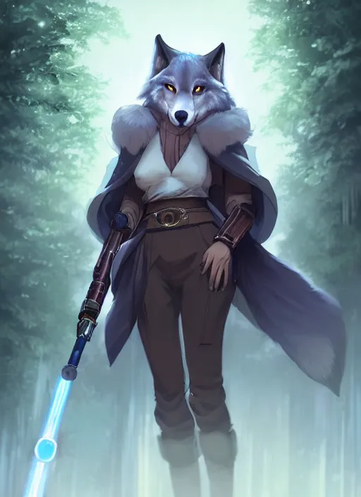 Prompt: beautiful portrait of a female anthro wolf fursona wearing jedi robes in a forest cyberpunk city. character design by charlie bowater, ross tran, artgerm, and makoto shinkai, detailed, soft lighting, rendered in octane