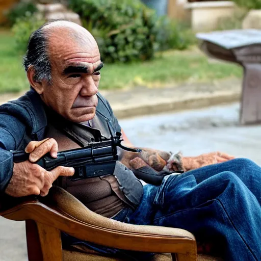 Image similar to lalo salamanca sitting in a chair with his gun