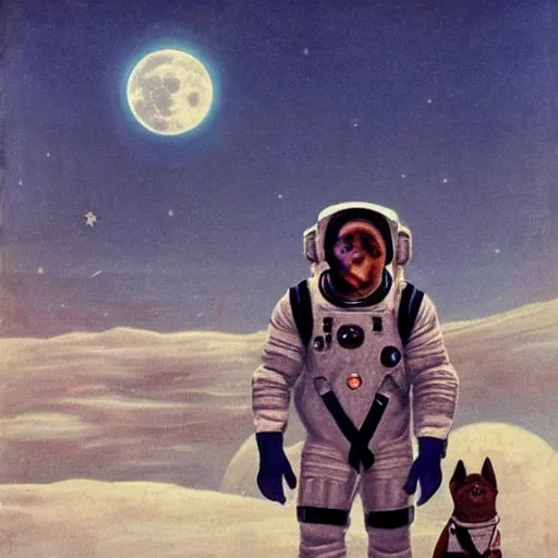 Prompt: laika the dog is in a spacesuit. soviet style socialist realism. full moon.