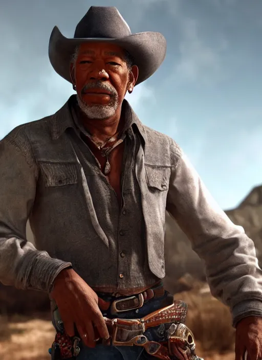 Image similar to an film still of morgan freeman as cowboy with beard, western background unreal engine. amazing likeness. very detailed.