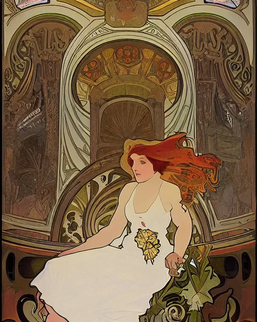 Image similar to painting alphonse mucha, interior of the opera house, view from the hall with a singer in a white dress on a lighted stage with an orchestra and audience in the hall, soft cinematic lighting, pastel color palette