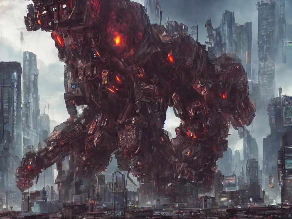 Prompt: a horrifying colossus titan monstrosity, wreaking havoc on a large cyberpunk city, digital art, trending on artstation