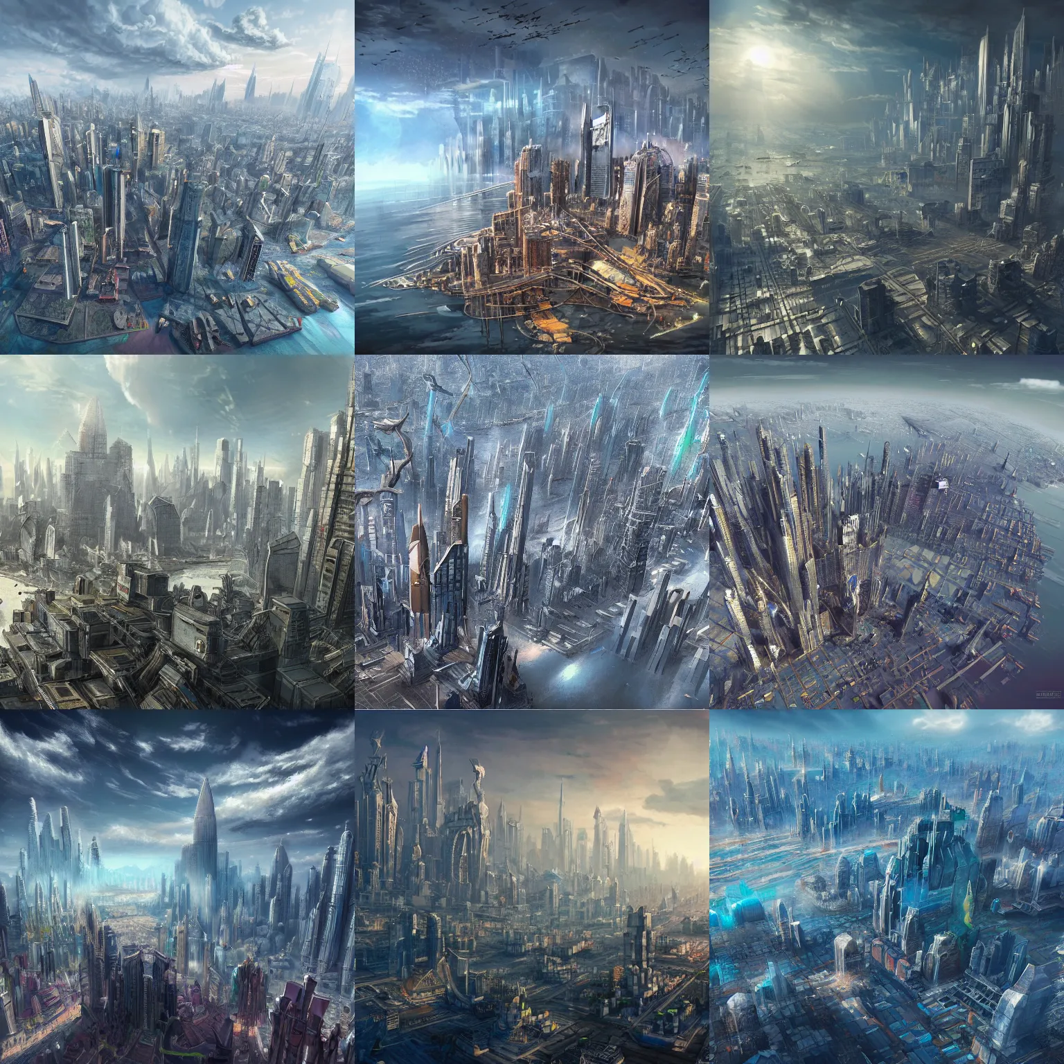 Prompt: megacity floating in the sky, epic scale, highly detailed, trending on artstation