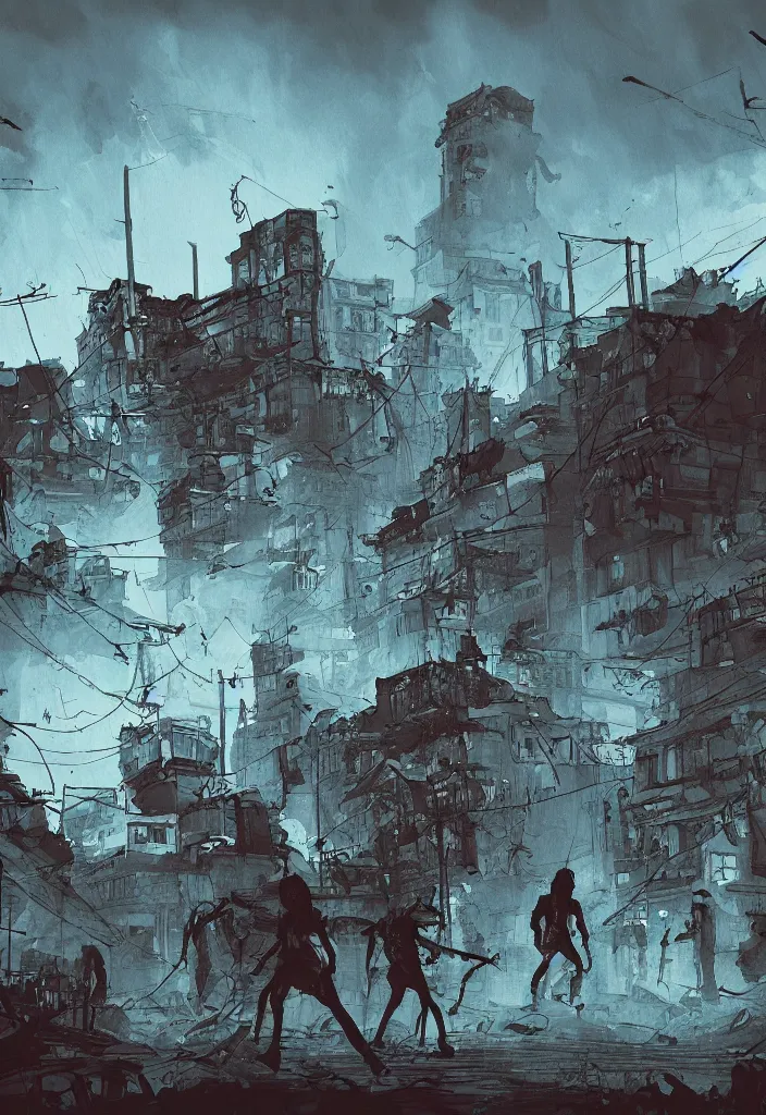 Image similar to handmade illustration of an epic zombie apocalypse scene with a few (((zombies))) walking, destroyed city at the background, some smoke and fire, blue sky with dramatic clouds, line art, ink, watercolor by Kilian Eng and by Jake Parker, heavy brushstrokes, winning-award masterpiece, fantastic, octane render, 8K HD Resolution, High quality image