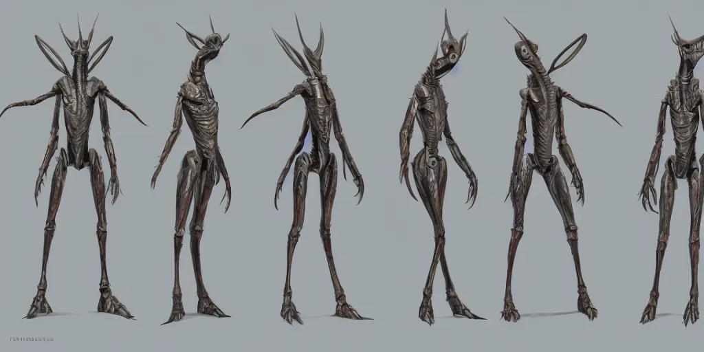 Image similar to a humanoid mantis alien creature, character design sheet, detailed concept art by fortiche, masterpiece