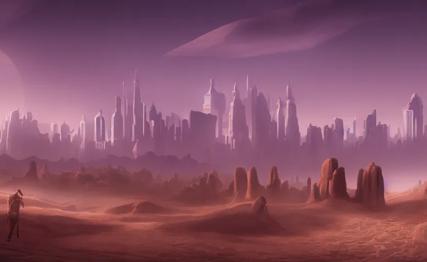 Image similar to matte painting of a desert landscape, science fiction art, city in the skyline, two suns, gloomy, fog, elaborate, detailed digital art, trending in artstation, purple color lighting