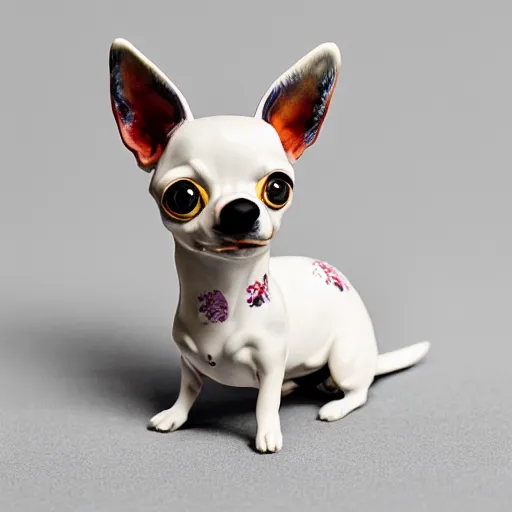 Prompt: A porcelain model of a chihuahua painted in an Emma Bridgewater pattern, style of Emma Bridgewater, sculpture, photograph, studio lighting, product photography, advertising photography, pottery, figurine, octane render –H 768