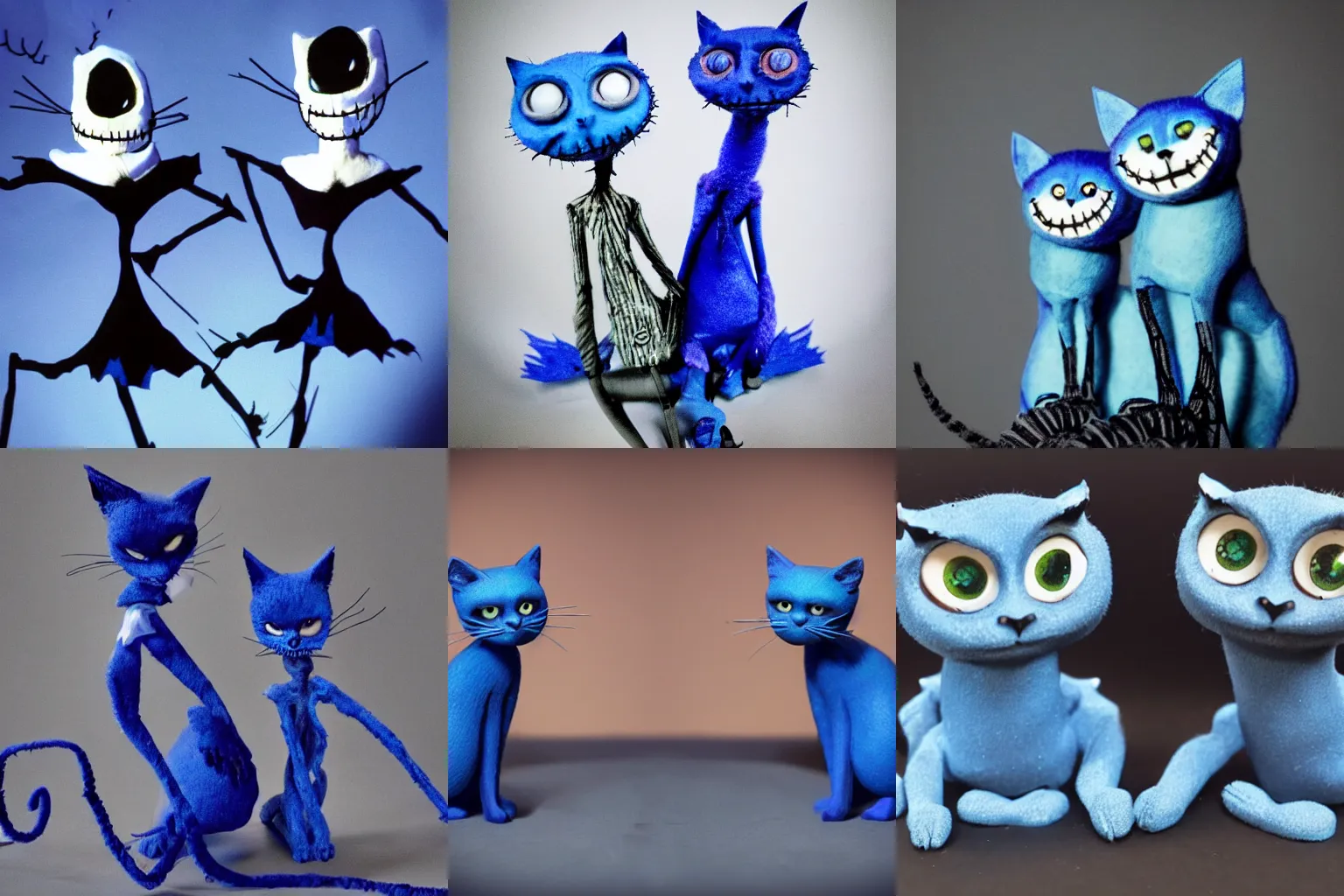 Prompt: a pair of blue cats in the style of the nightmare before christmas, dark scene, stop motion film still