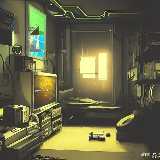 Image similar to A Desktop Computer Tower Case removed, cyberpunk bedroom, award winning, very detailed, artstation, realism