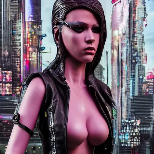 Prompt: ultra realistic painted sculpture of very beautiful cyberpunk woman. realistic waxwork. detailed lifelike. full body. beautiful. very attractive. wow. stunning. punk. comic book inspired. professional cosplay. painted model. action pose. electronics. futuristic tech. city backdrop