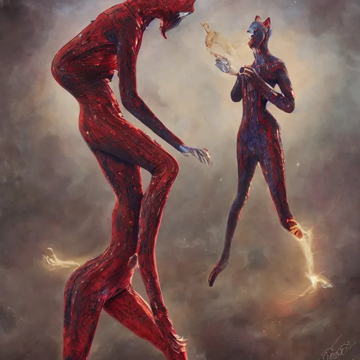 Prompt: a fashion editorial of brie larson as a brightly colored alien cat hybrid super hero vampire with wet mutated scaled skin. wearing a infected transparant organic catsuit. by tom bagshaw, donato giancola, hans holbein, walton ford, gaston bussiere, peter mohrbacher, brian froud and iris van herpen. 8 k, cgsociety